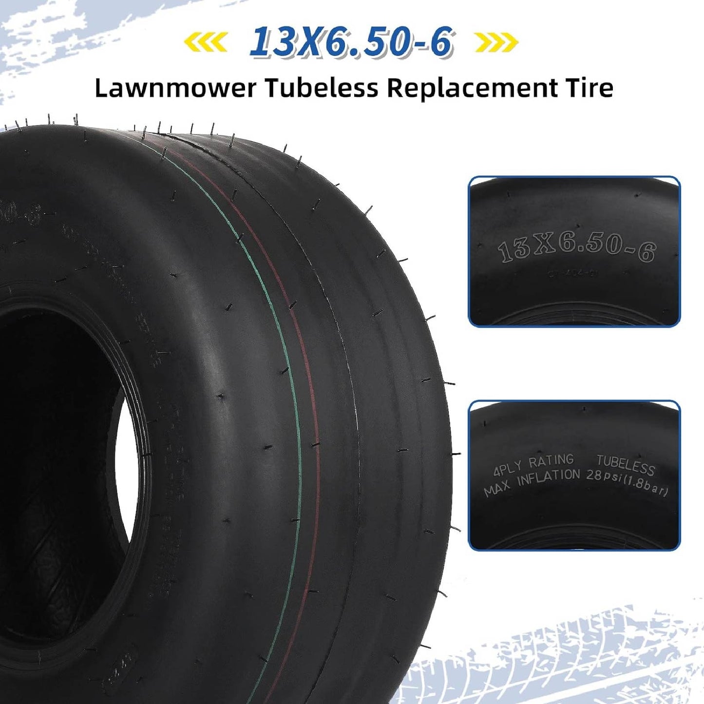 GICOOL 13x6.50-6 Tubeless Lawn Mower Tire, 13 x 6.5-6 Riding Zero Turn Lawnmower Smooth Turf Tyre, 4 Ply, 2 Pack