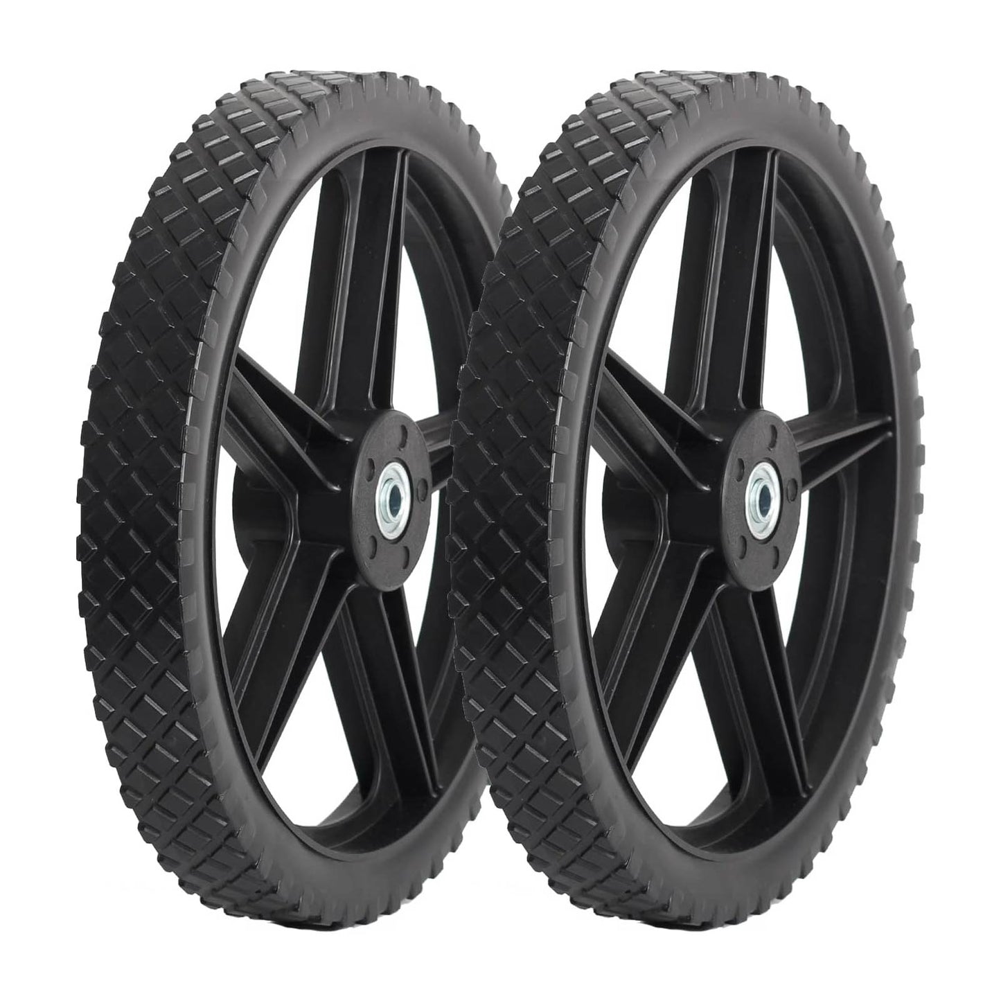 14 x 1.75'' Spoked Plastic Wheel and Tire, 2.45" Hub Length, 1/2" Bearing, for Lawn Mowers and DIY Trolley Wagon Cart