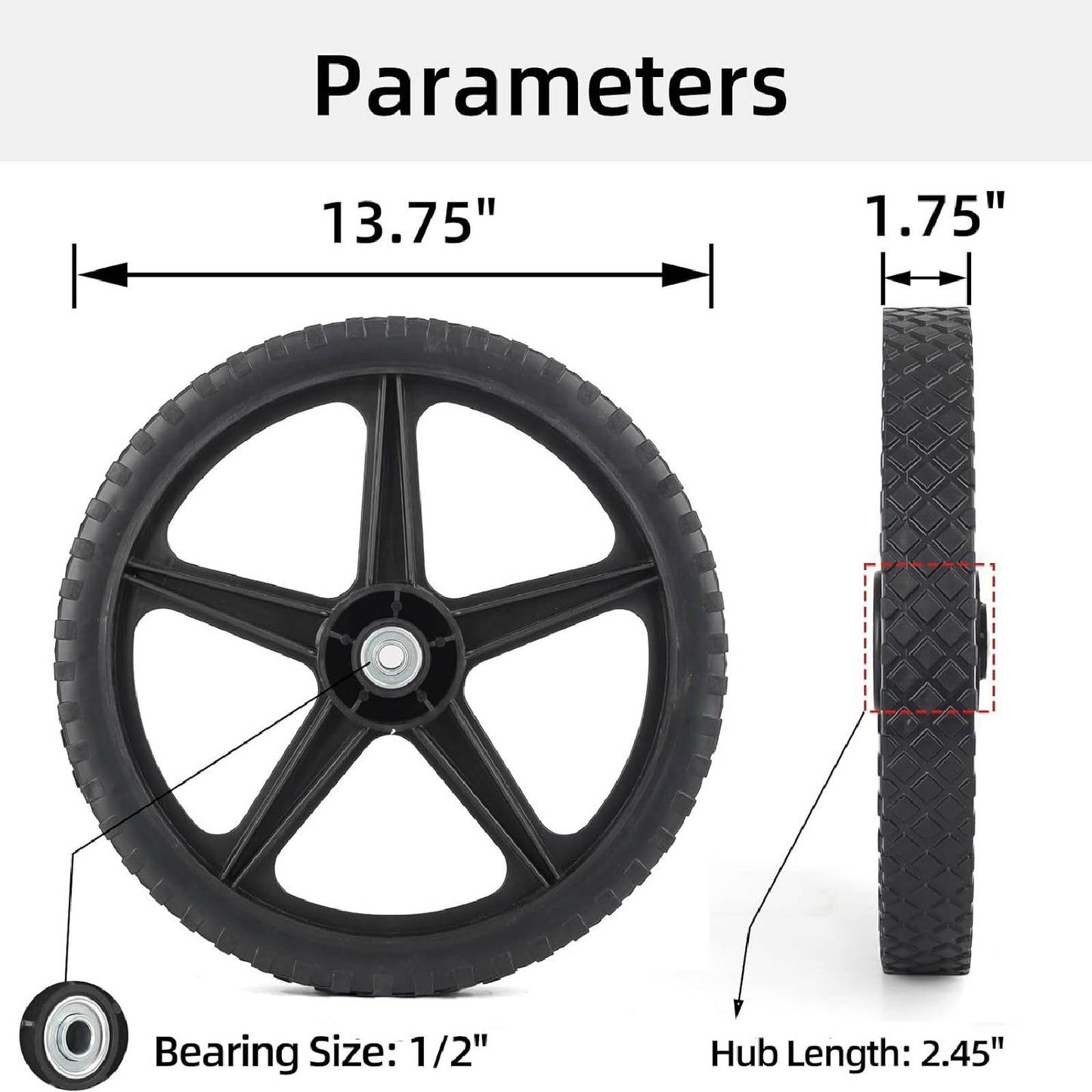 14 x 1.75'' Spoked Plastic Wheel and Tire, 2.45" Hub Length, 1/2" Bearing, for Lawn Mowers and DIY Trolley Wagon Cart