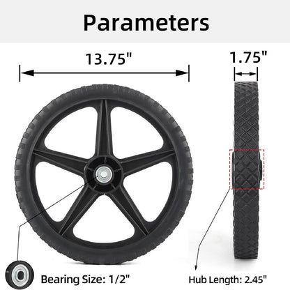 14 x 1.75'' Spoked Plastic Wheel and Tire, 2.45" Hub Length, 1/2" Bearing, for Lawn Mowers and DIY Trolley Wagon Cart