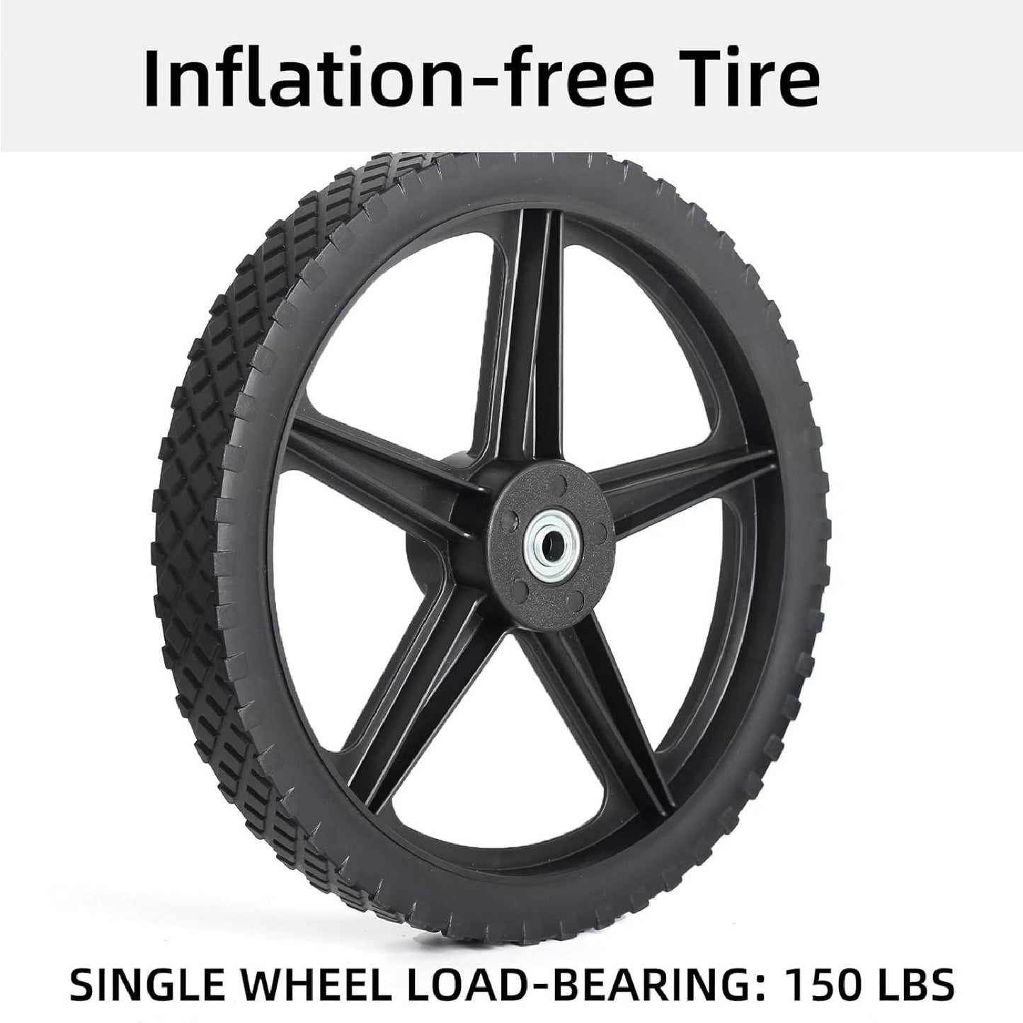 14 x 1.75'' Spoked Plastic Wheel and Tire, 2.45" Hub Length, 1/2" Bearing, for Lawn Mowers and DIY Trolley Wagon Cart