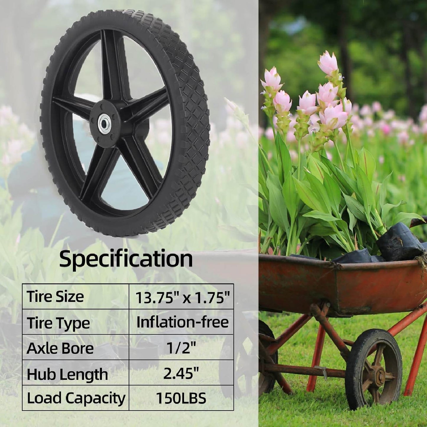 14 x 1.75'' Spoked Plastic Wheel and Tire, 2.45" Hub Length, 1/2" Bearing, for Lawn Mowers and DIY Trolley Wagon Cart