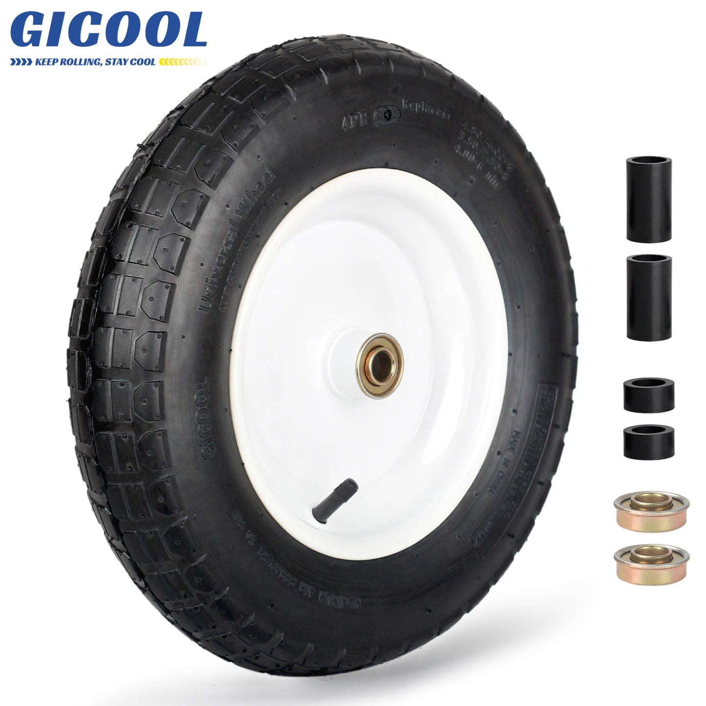 Wheelbarrow Rubber Tire, 14-inch Pneumatic Wheel, 3"-6" Centered Hub, 5/8" & 3/4" Ball Bearings, Replacement 4.80/4.00-8, 3.50/2.50-8, 4.00-6, 4.00-8 Wheelbarrow Wheels