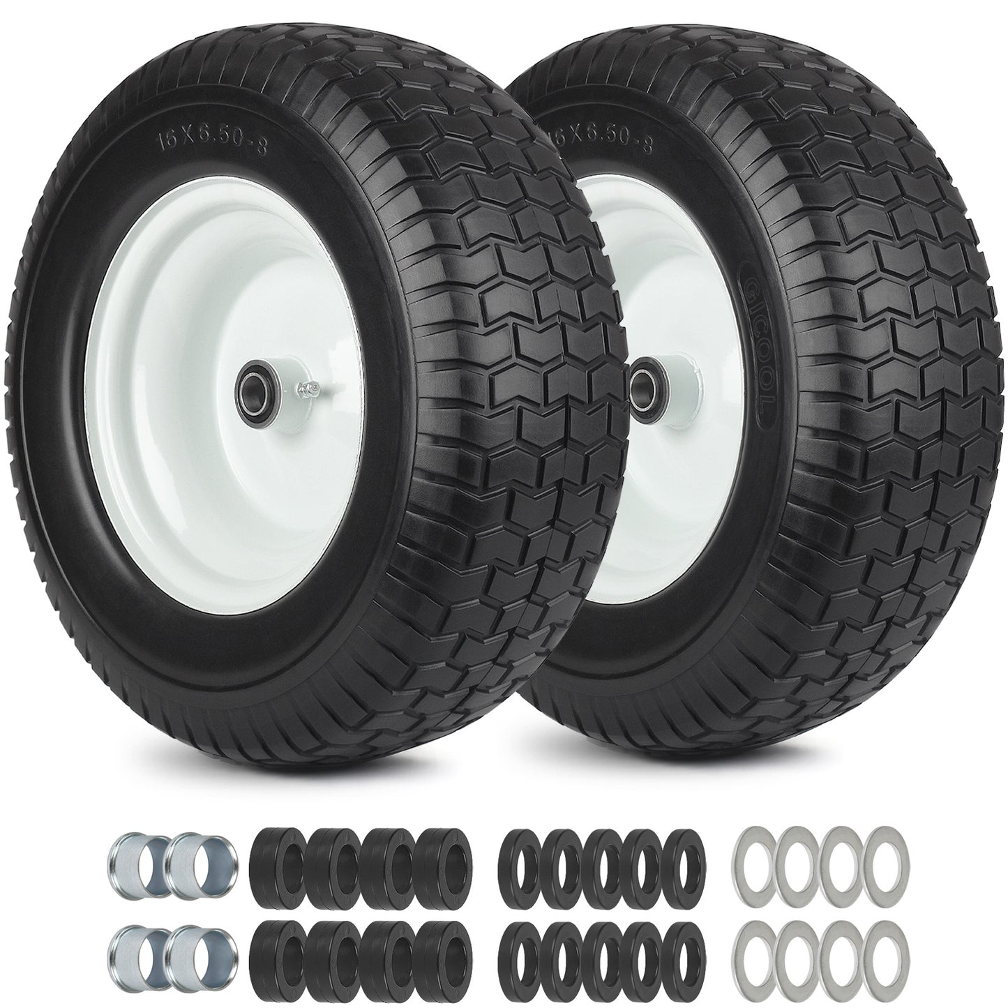 16x6.50-8 Flat Free Riding Lawn Mower Tire and Wheel, 2 Pcs 16x6.5-8nhs Garden Tractor Lawnmower Tyre, with 3/4" & 5/8" Bearing, 3" -4.5" Centered Hub
