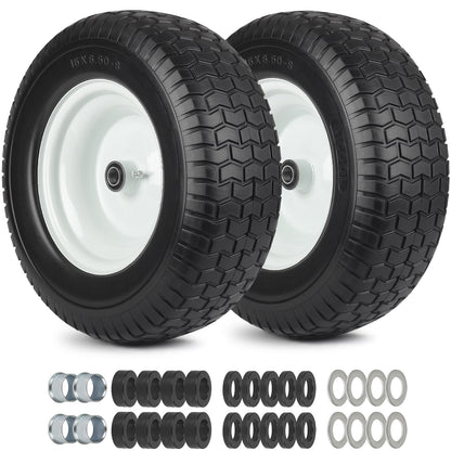 16x6.50-8 Flat Free Riding Lawn Mower Tire and Wheel, 2 Pcs 16x6.5-8nhs Garden Tractor Lawnmower Tyre, with 3/4" & 5/8" Bearing, 3" -4.5" Centered Hub
