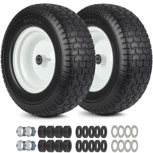 16x6.50-8 Flat Free Riding Lawn Mower Tire and Wheel, 2 Pcs 16x6.5-8nhs Garden Tractor Lawnmower Tyre, with 3/4" & 5/8" Bearing, 3" -4.5" Centered Hub