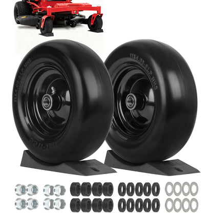 11x4.00-5” Flat Free Lawn Mower Tire and Wheel, Comes with Saver Ramp, 1/2"、5/8" and 3/4" Bearing, 3.4"-4"-4.5"-5" Centered Hub, Smooth Tread Tire for Zero Turn Mowers, 2 Pcs