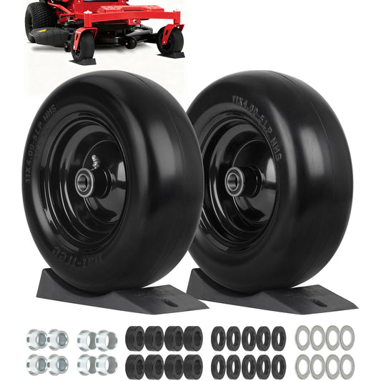 11x4.00-5” Flat Free Lawn Mower Tire and Wheel, Comes with Saver Ramp, 1/2"、5/8" and 3/4" Bearing, 3.4"-4"-4.5"-5" Centered Hub, Smooth Tread Tire for Zero Turn Mowers, 2 Pcs