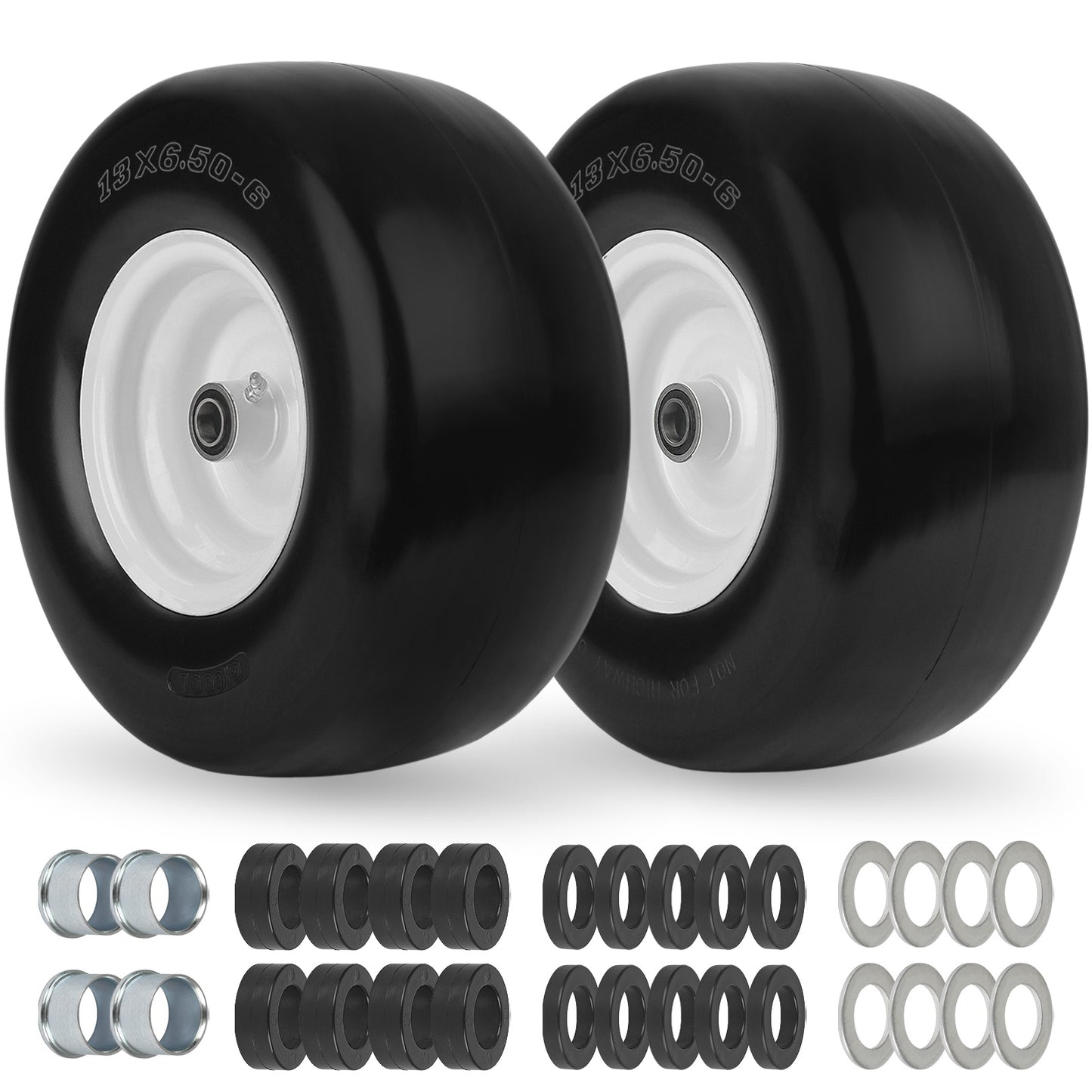 13x6.50-6 Flat Free Lawn Mower Tire and Wheel, Solid Smooth Zero Turn Mower Front Tire Assembly, with 3/4" & 5/8" Bearing, 4"-6.5" Centered Hub, Compatible with Lawnmower Garden Tractor, 2 Pack