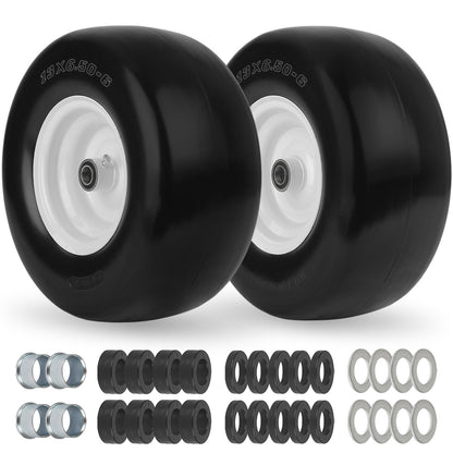 13x6.50-6 Flat Free Lawn Mower Tire and Wheel, Solid Smooth Zero Turn Mower Front Tire Assembly, with 3/4" & 5/8" Bearing, 4"-6.5" Centered Hub, Compatible with Lawnmower Garden Tractor, 2 Pack