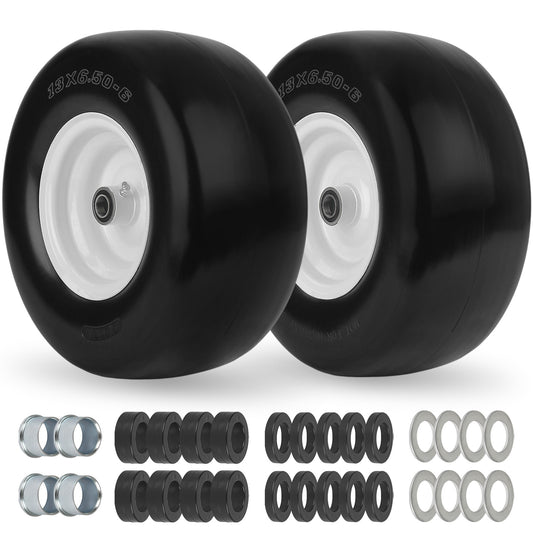 13x6.50-6 Flat Free Lawn Mower Tire and Wheel, Solid Smooth Zero Turn Mower Front Tire Assembly, with 3/4" & 5/8" Bearing, 4"-6.5" Centered Hub, Compatible with Lawnmower Garden Tractor, 2 Pack