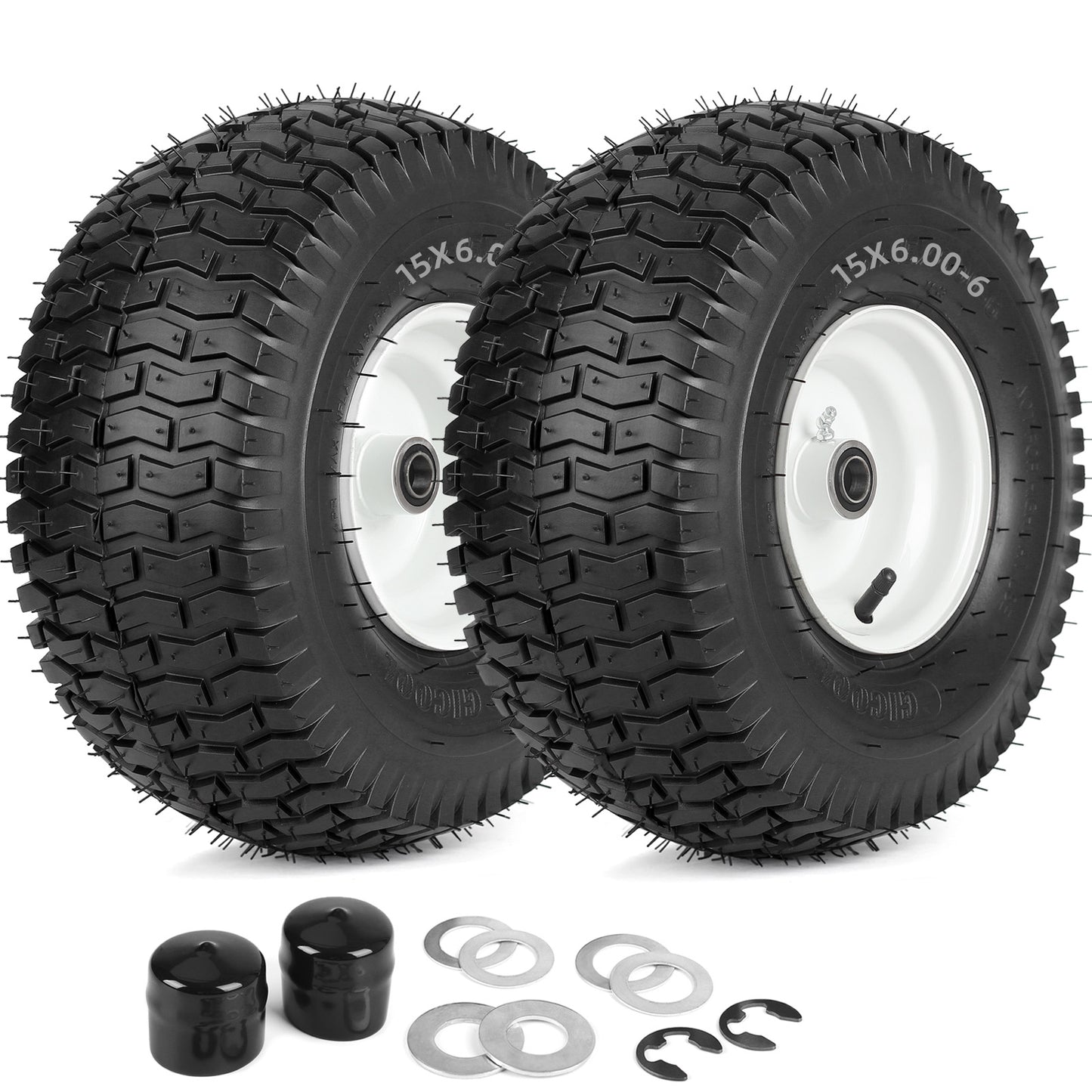 15x6.00-6 Rubber Lawn Mower Tire and Wheel, 2 Pcs Replacement 15x6-6nhs Riding Mowers Lawn Tire and Wheel with Bearing Bore 3/4", 3" Centered Hub