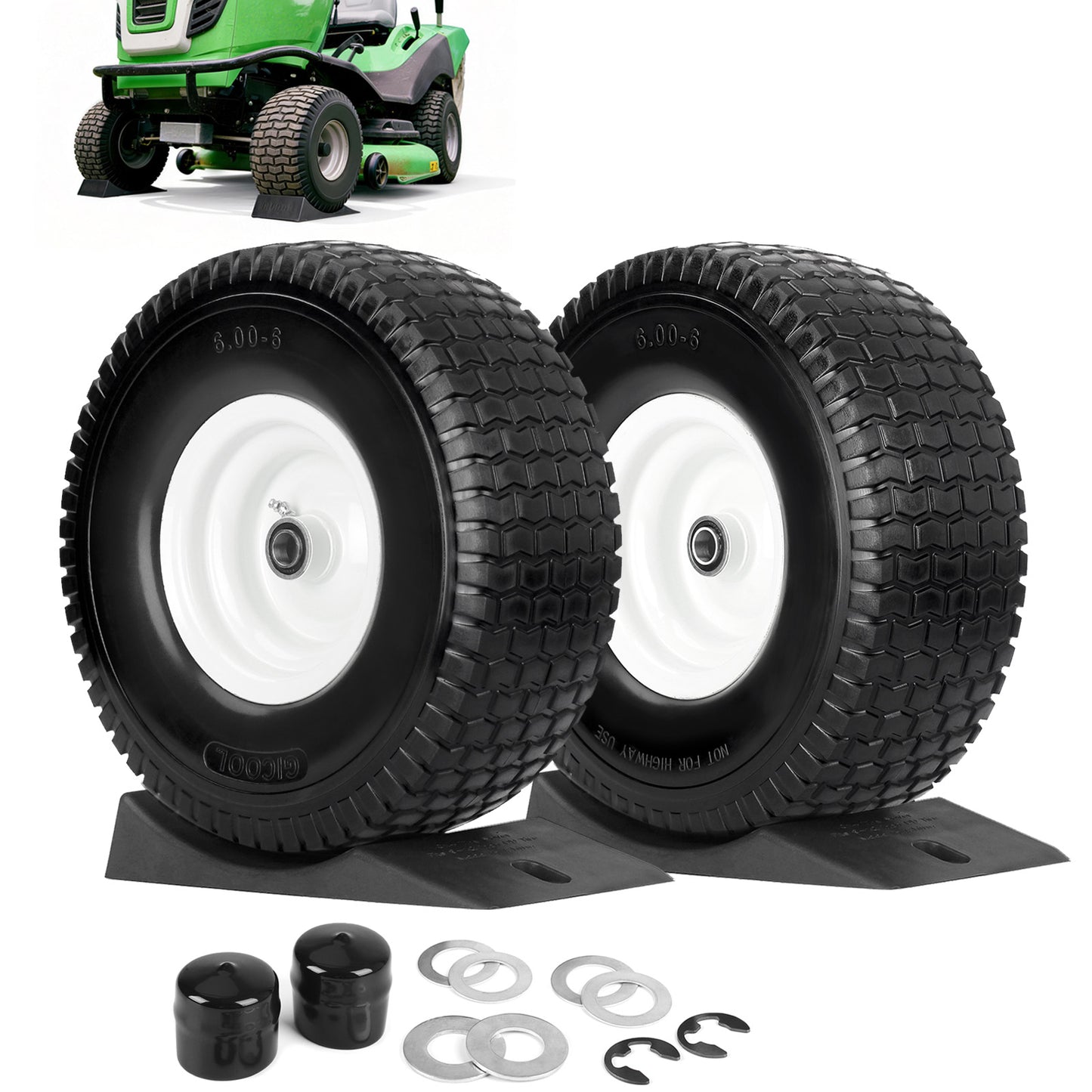 15x6.00-6 Flat Free Lawn Mower Tire and Wheel, Comes with Tire Saver Ramp, 15x6-6nhs Riding Mowers Lawn Tire and Wheel with 3/4" Bearing, 3" Centered Hub, 2 Pack