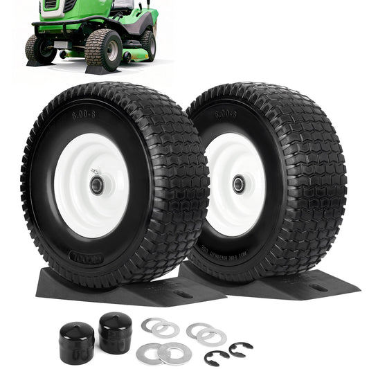 15x6.00-6 Flat Free Lawn Mower Tire and Wheel, Comes with Tire Saver Ramp, 15x6-6nhs Riding Mowers Lawn Tire and Wheel with 3/4" Bearing, 3" Centered Hub, 2 Pack