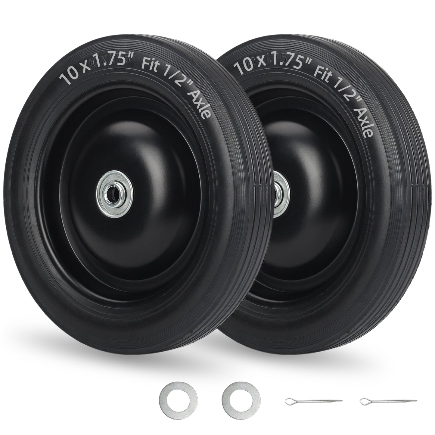10" x1.75" Flat-Free Solid Rubber Tire and Wheel 1/2" Axle Bore Hole, 1.6" Offset Hub, 2 Pack, Black