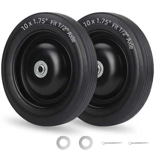 10" x1.75" Flat-Free Solid Rubber Tire and Wheel 1/2" Axle Bore Hole, 1.6" Offset Hub, 2 Pack, Black