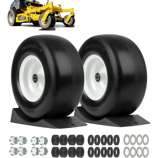 13x6.50-6” Flat Free Lawn Mower Tire and Wheel, Comes with Saver Ramp, 3/4" or 5/8" or 1/2" Bearing Bore, 3"-3.5"-4"-4.5"-5" Centered Hub, Smooth Tread Tire for Zero Turn Mowers, 2 Pcs