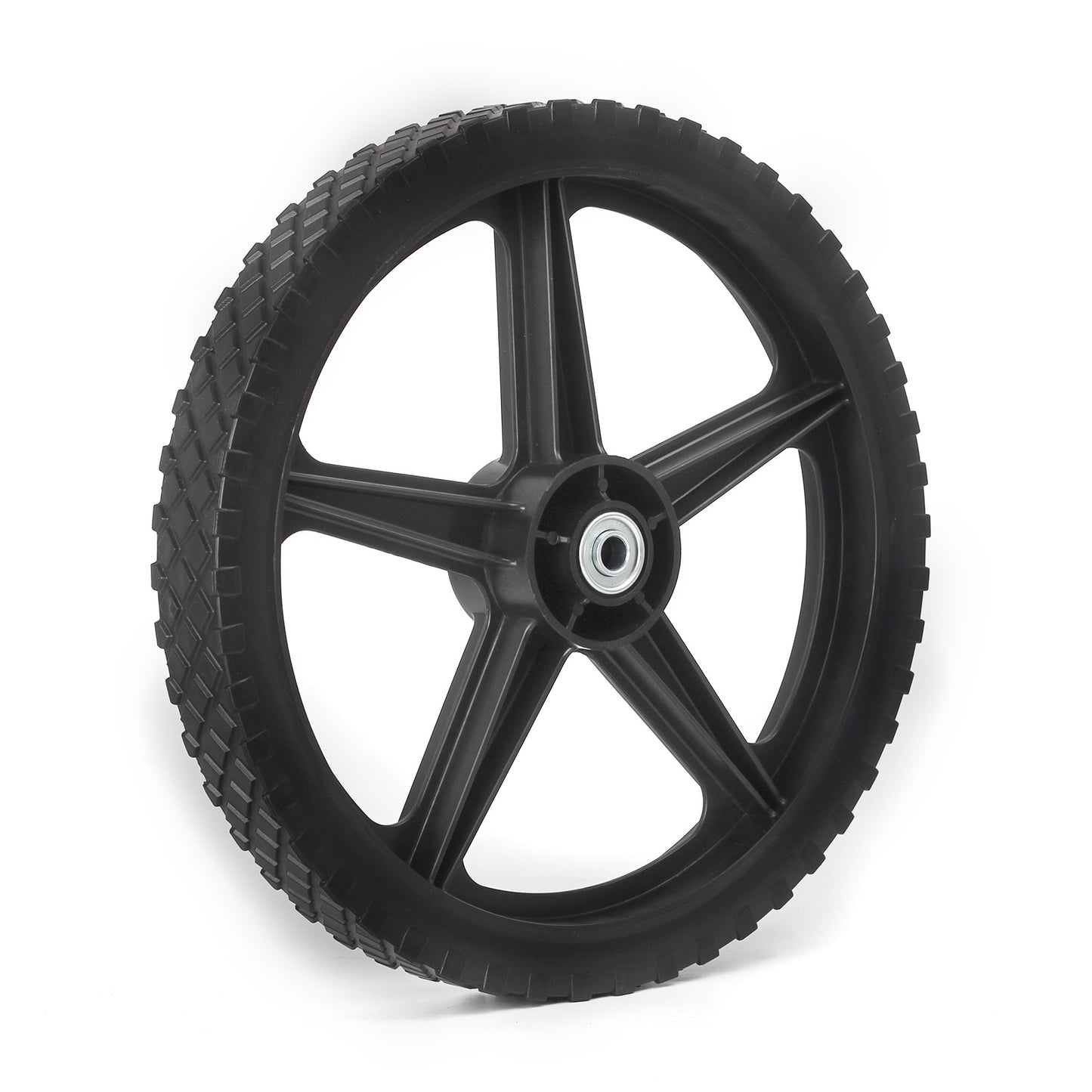 14 x 1.75'' Spoked Plastic Wheel and Tire, 2.45" Hub Length, 1/2" Bearing, for Lawn Mowers and DIY Trolley Wagon Cart