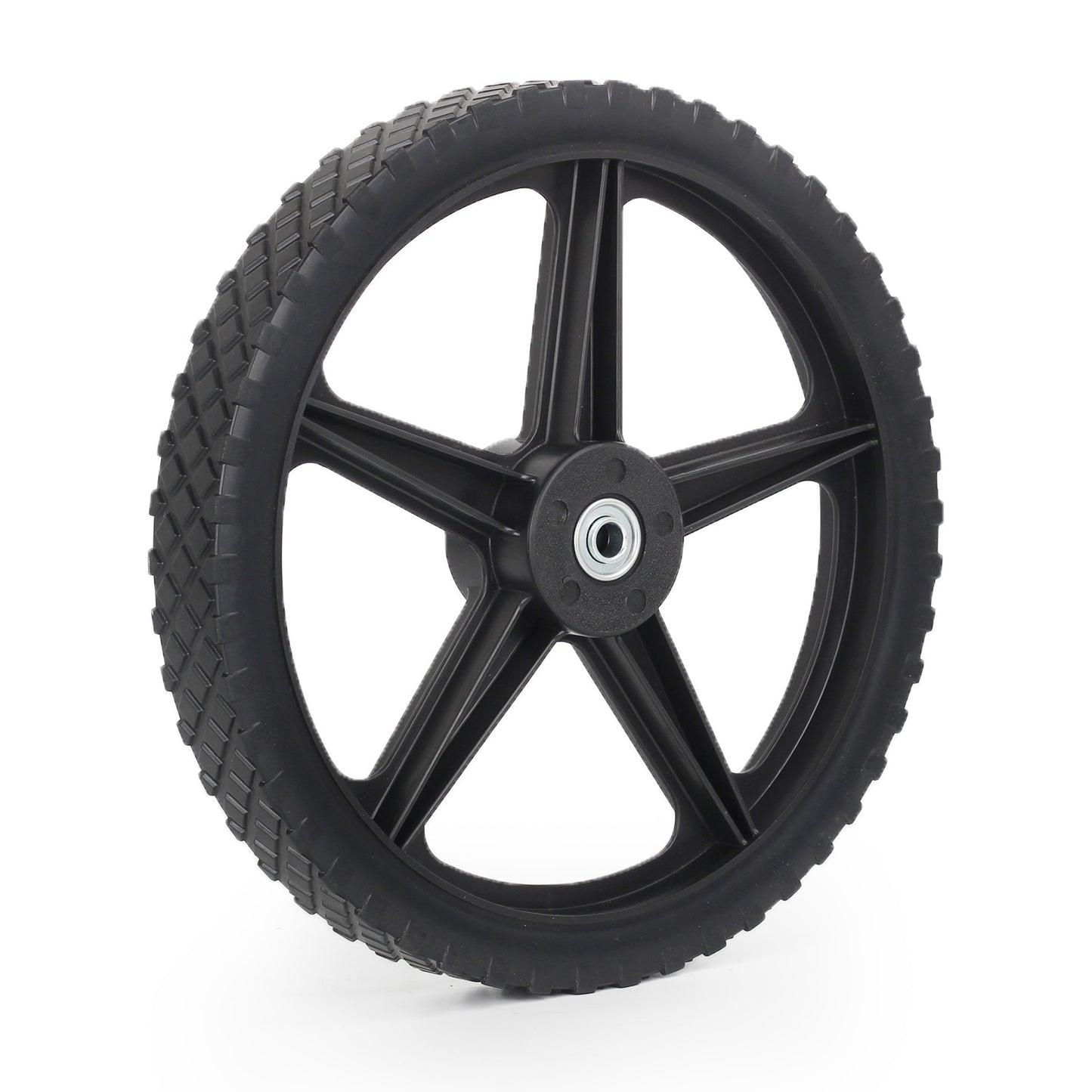 14 x 1.75'' Spoked Plastic Wheel and Tire, 2.45" Hub Length, 1/2" Bearing, for Lawn Mowers and DIY Trolley Wagon Cart