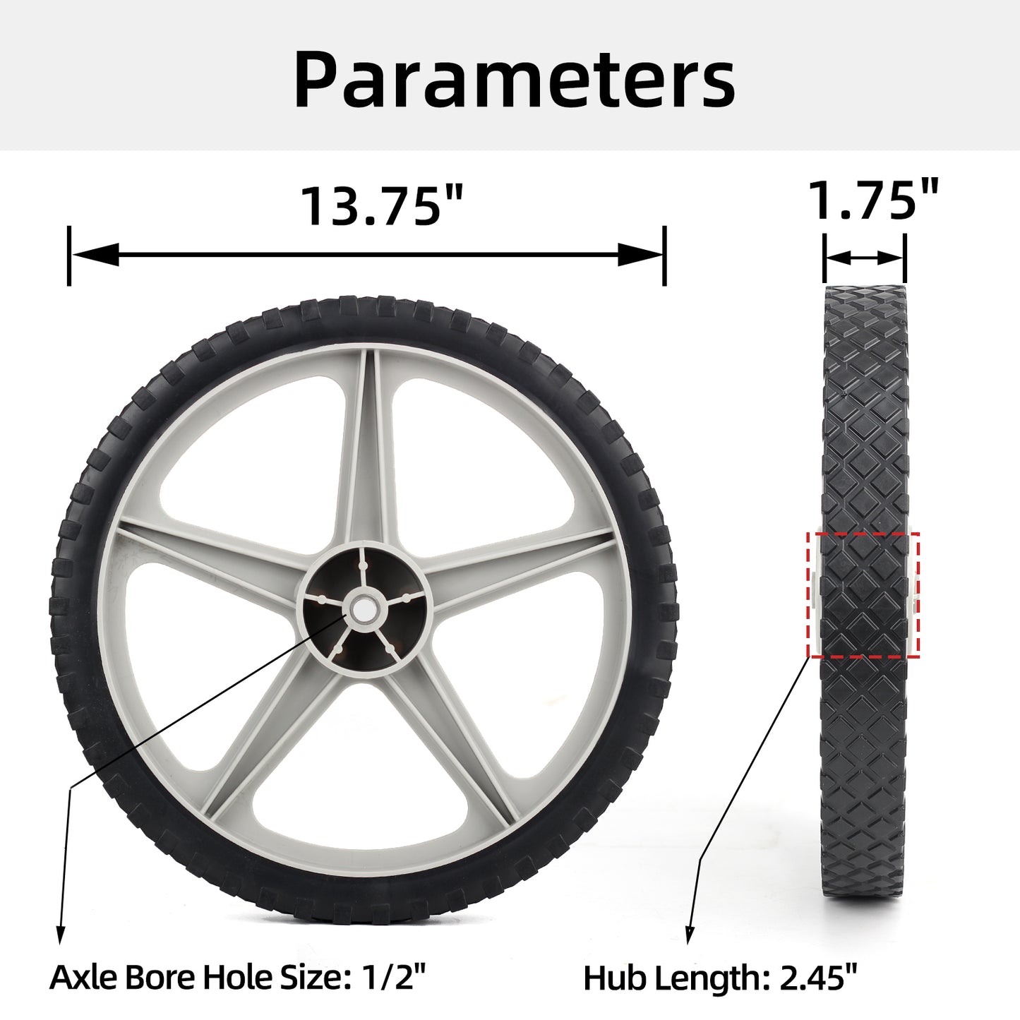 14 x 1.75" Spoked Plastic Wheel and Tire, 2.45" Hub Length, 1/2" Axle Bore, Universal Replacement Wheel for Lawn Mowers and DIY Trolley Wagon Cart, 2 Pack