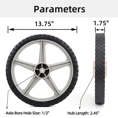 14 x 1.75" Spoked Plastic Wheel and Tire, 2.45" Hub Length, 1/2" Axle Bore, Universal Replacement Wheel for Lawn Mowers and DIY Trolley Wagon Cart, 2 Pack