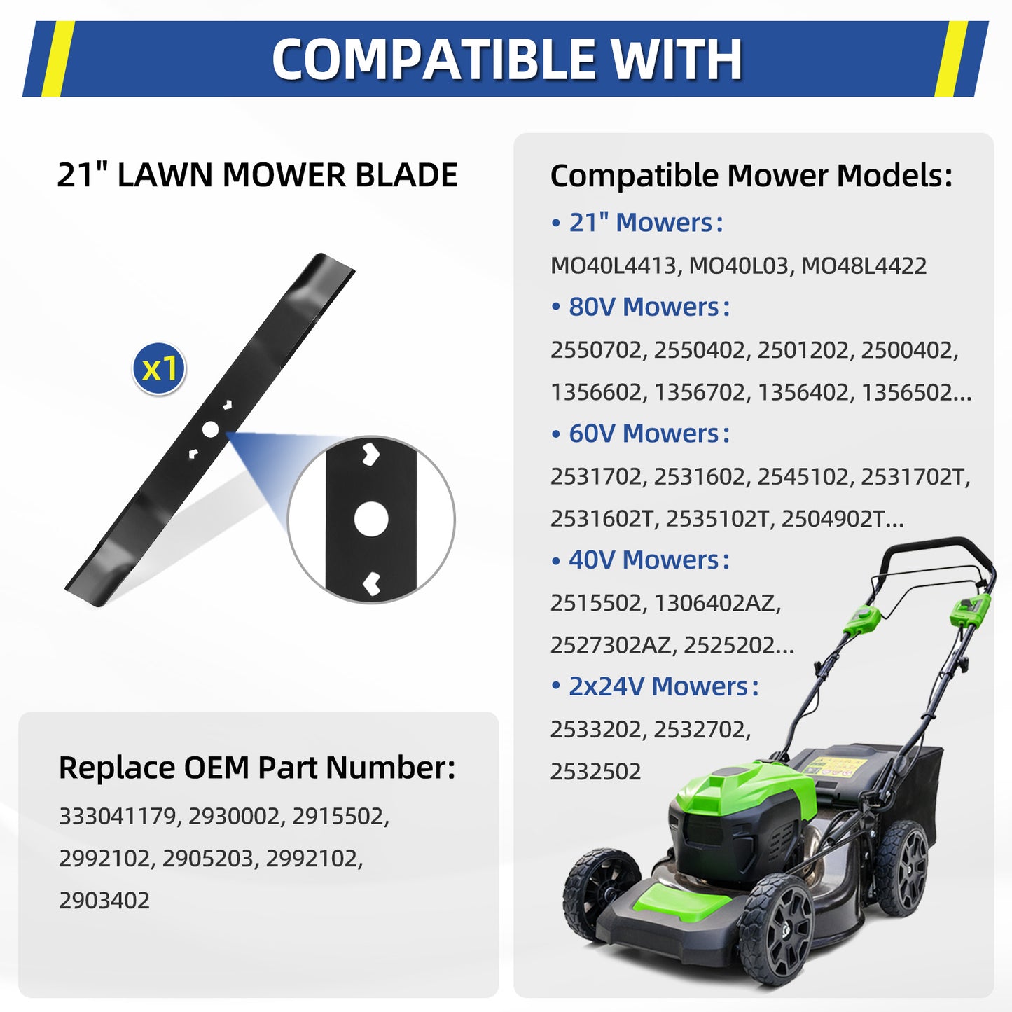 21" Mower Blade for Greenworks, Replaces MO40L03, MO48L4422, MO40L4413