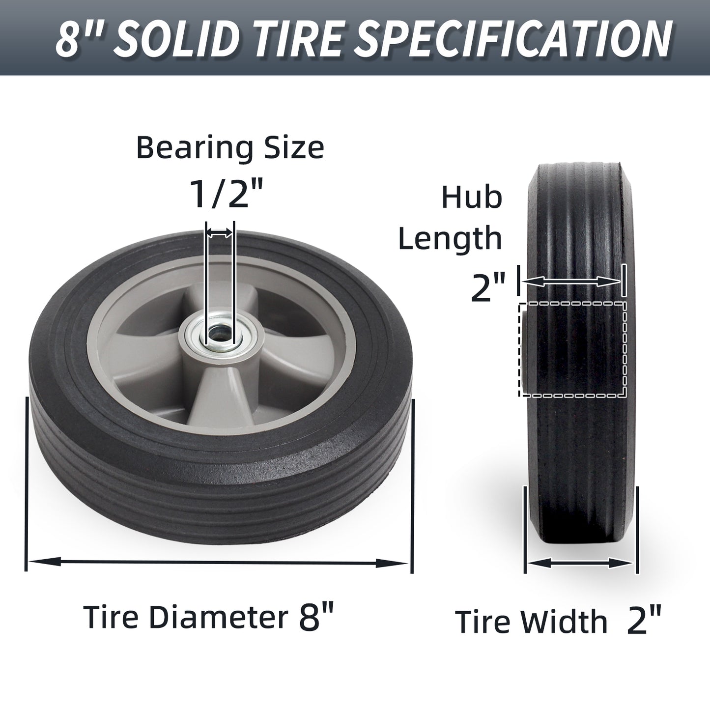 8" x 2" Solid Rubber Flat-Free Tire and wheel, with Ball Bearings and 1/2” Axle Bore Hole, 2" Offset Hub, For Hand Truck Dolly Trolley Garden Wagon Cart Generator Replacement Tire, 2 Pack