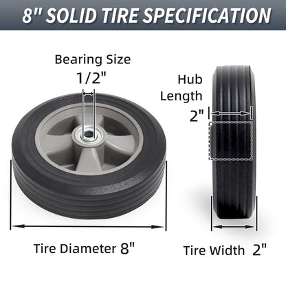8" x 2" Solid Rubber Flat-Free Tire and wheel, with Ball Bearings and 1/2” Axle Bore Hole, 2" Offset Hub, For Hand Truck Dolly Trolley Garden Wagon Cart Generator Replacement Tire, 2 Pack