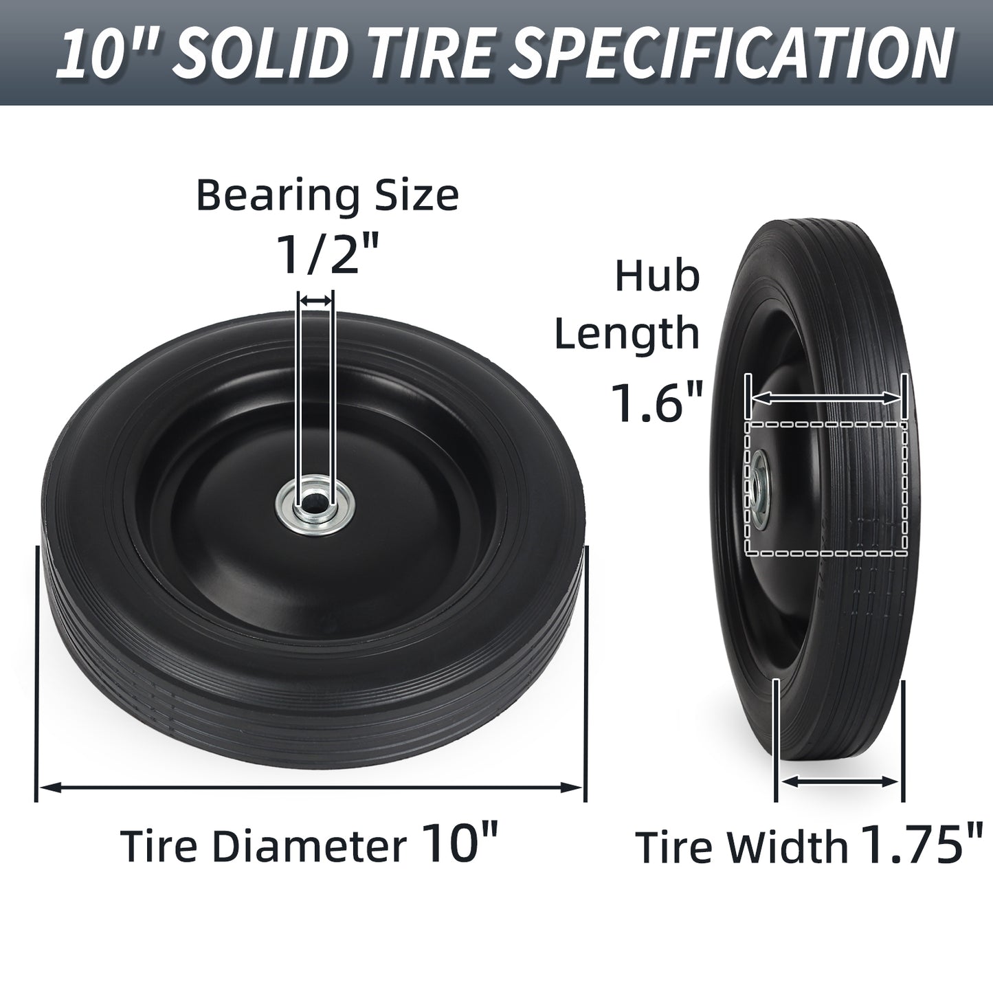 10" x1.75" Flat-Free Solid Rubber Tire and Wheel 1/2" Axle Bore Hole, 1.6" Offset Hub, 2 Pack, Black