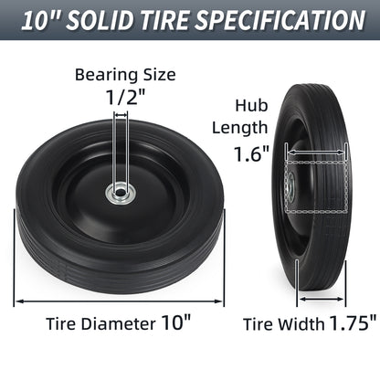 10" x1.75" Flat-Free Solid Rubber Tire and Wheel 1/2" Axle Bore Hole, 1.6" Offset Hub, 2 Pack, Black