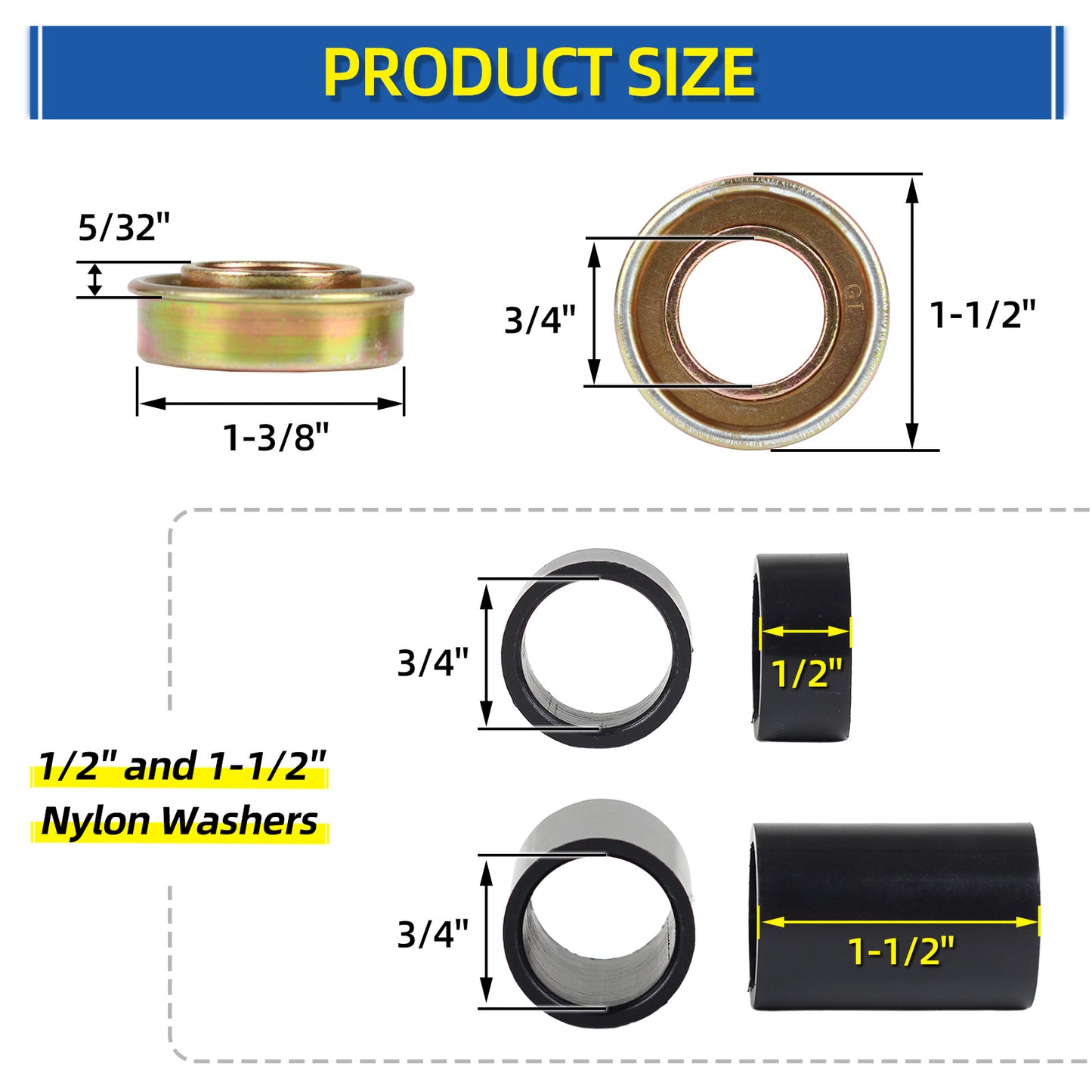 Bearing & Hub Length Adjustment Hardware Kit, with 3/4'' Bore Hole Bearing, 1/2'' and 1-1/2'' Nylon Washers, 6 Pack