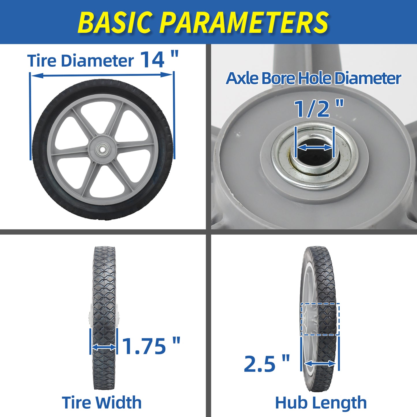 14 x 1.75" Rubber Tire and Plastic Spoke Wheel, 2.5" Hub Length, 1/2" Axle Bore, for Lawn mower Trolley Dolly Wheel Replacement, 2 Pack