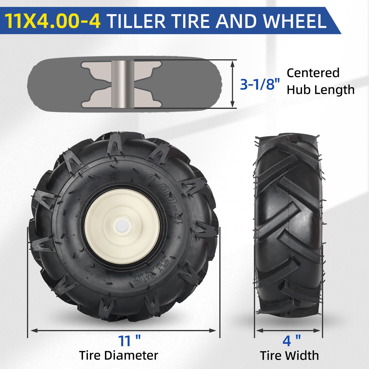 11x4.00-4" Tubeless Tiller Tire and Wheel, 3/4" Axle Size, 3-1/8" Centered Hub, Agriculture Super Lug Tractor & Trencher Tire, Compatible with Craftsman & Troy-Bilt Tiller, 1 Pack