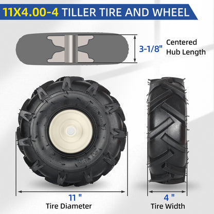11x4.00-4" Tubeless Tiller Tire and Wheel, 3/4" Axle Size, 3-1/8" Centered Hub, Agriculture Super Lug Tractor & Trencher Tire, Compatible with Craftsman & Troy-Bilt Tiller, 1 Pack