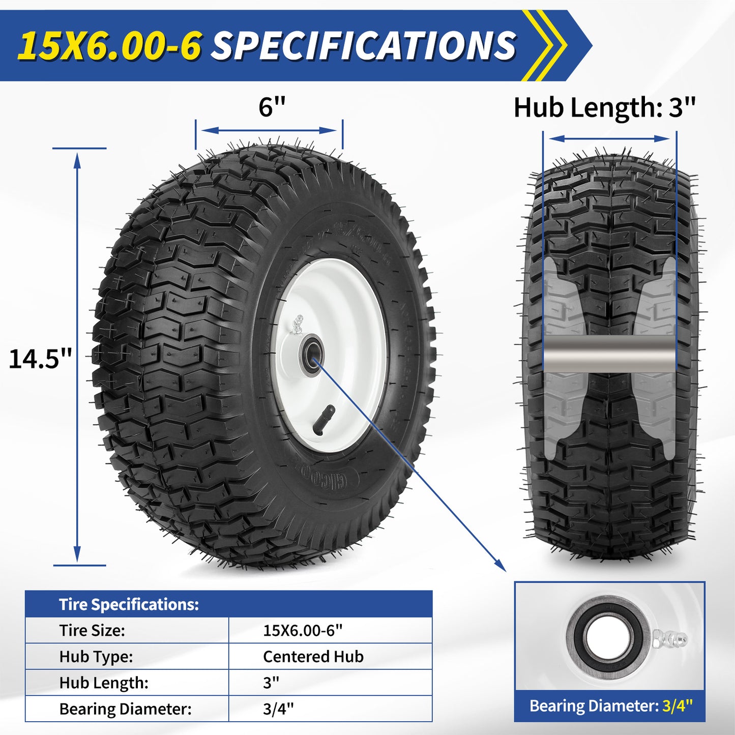 15x6.00-6 Rubber Lawn Mower Tire and Wheel, 2 Pcs Replacement 15x6-6nhs Riding Mowers Lawn Tire and Wheel with Bearing Bore 3/4", 3" Centered Hub