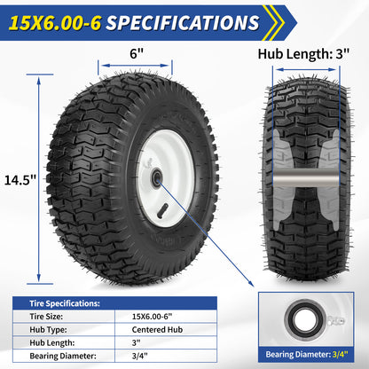15x6.00-6 Rubber Lawn Mower Tire and Wheel, 2 Pcs Replacement 15x6-6nhs Riding Mowers Lawn Tire and Wheel with Bearing Bore 3/4", 3" Centered Hub