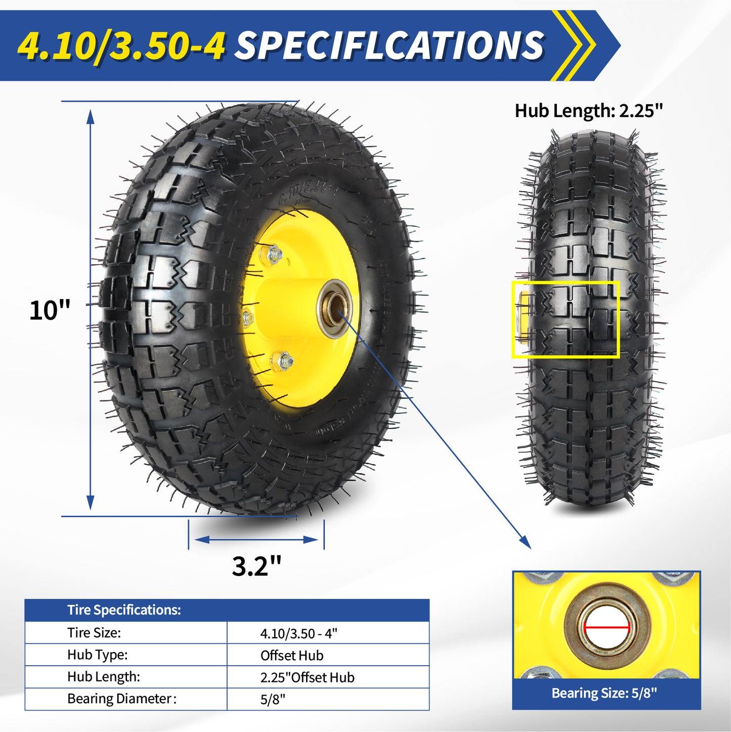 4.10/3.50-4 Rubber Pneumatic Tire and Wheel, with 2.25" Offset Hub, 5/8" Sealed Bearings, for Hand Truck Trolley Dolly Garden Wagon Wheel Replacement, 2 Pack (Explorer Series)