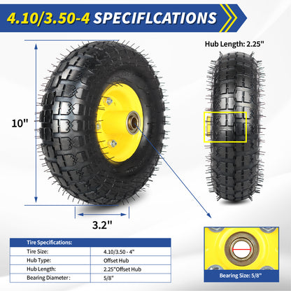 4.10/3.50-4 Rubber Pneumatic Tire and Wheel, with 2.25" Offset Hub, 5/8" Sealed Bearings, for Hand Truck Trolley Dolly Garden Wagon Wheel Replacement, 2 Pack (Explorer Series)