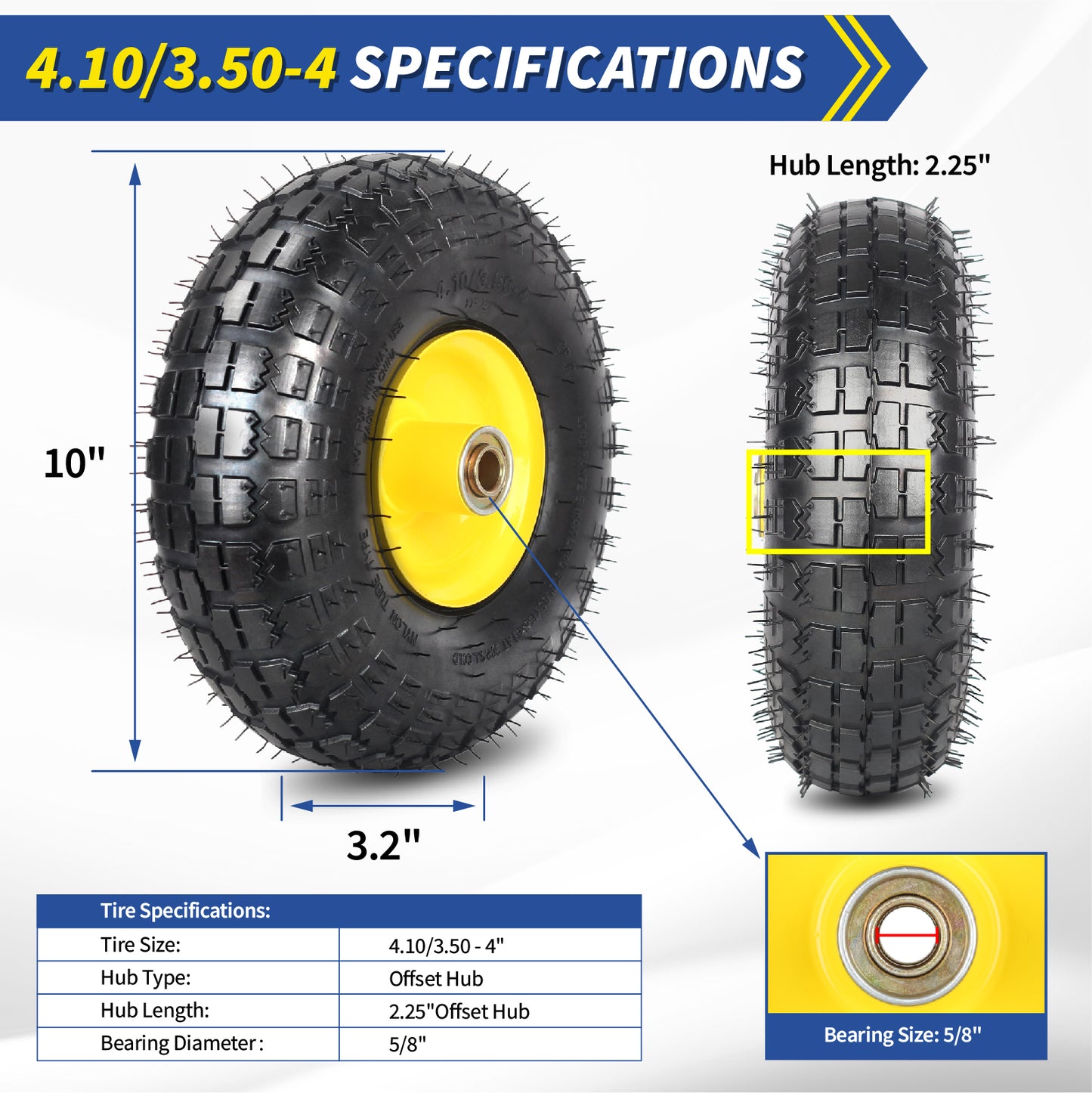 4.10/3.50-4 Rubber Tire and Wheel, with 2.25" Offset Hub, 5/8" Sealed Bearings, for Hand Truck Trolley Dolly Garden Wagon Wheel Replacement, 2 Pack (Explorer Series)
