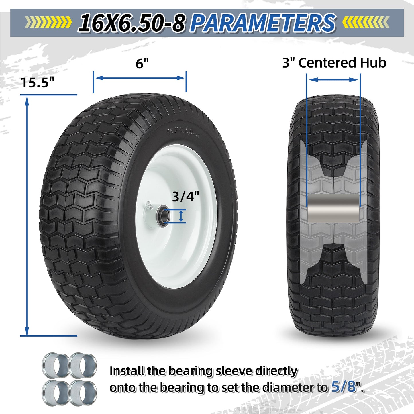 16x6.50-8 Flat Free Riding Lawn Mower Tire and Wheel, 2 Pcs 16x6.5-8nhs Garden Tractor Lawnmower Tyre, with 3/4" & 5/8" Bearing, 3" -4.5" Centered Hub