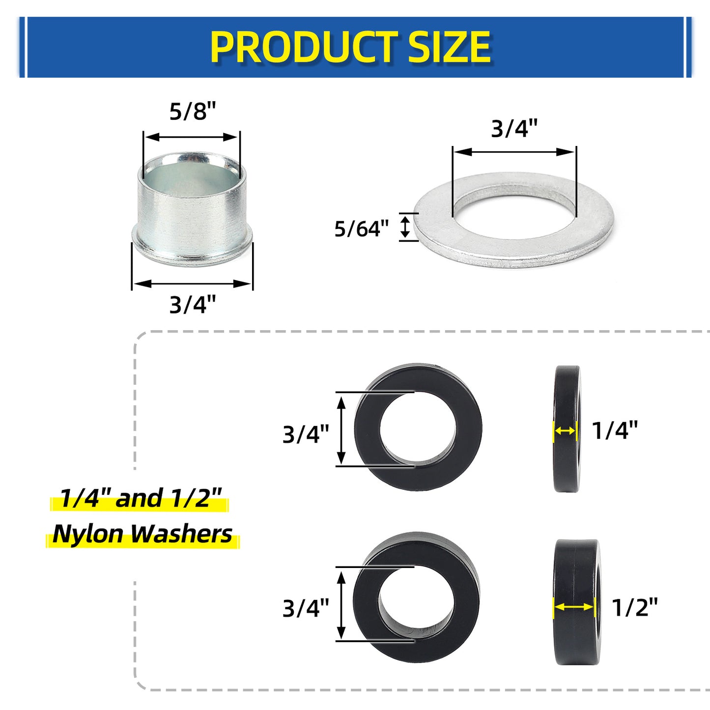 Bearing Bore Hole and Hub Length Adjustment Hardware Kit, with Flanged Bearing Sleeves, Nylon & Steel Washers