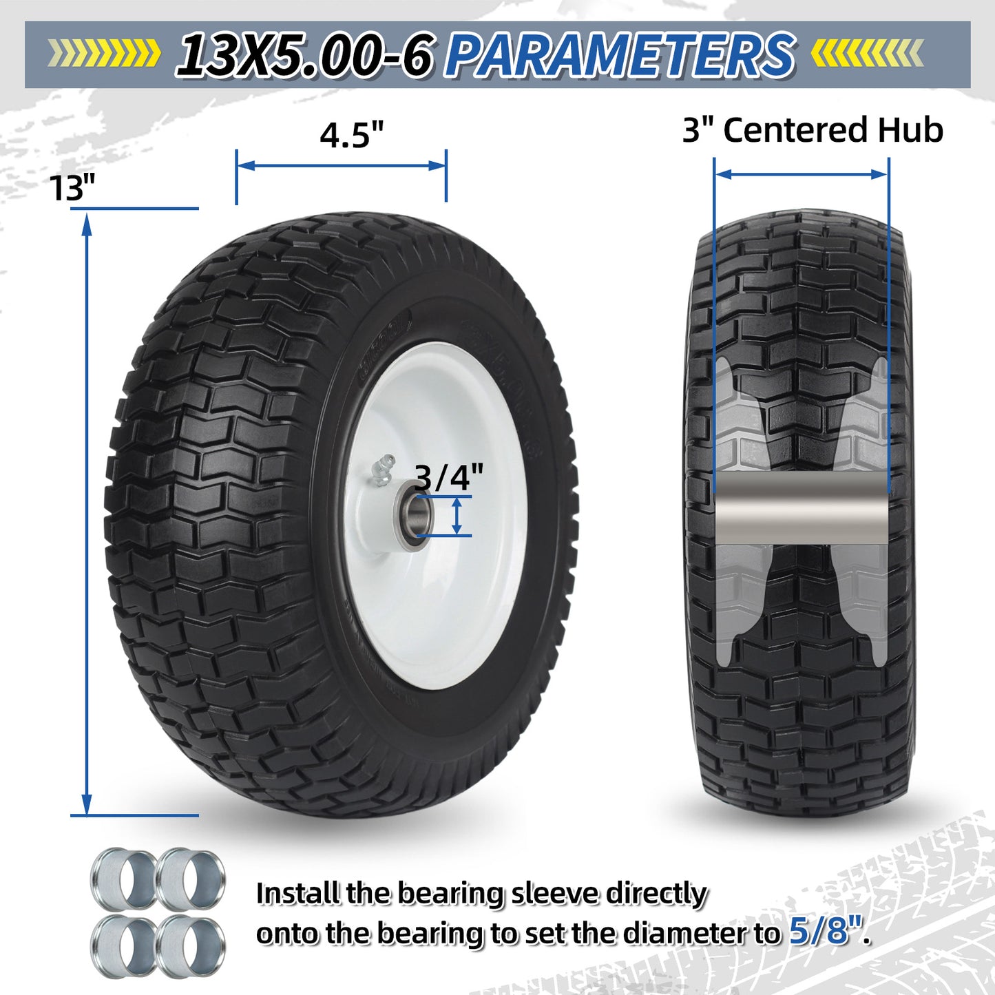 13x5.00-6 Flat Free Lawn Mower Tire and Wheel, 13x5-6 Riding Lawnmower Tire with 3"- 6" Centered Hub and 3/4" & 5/8" Bearings, Tractor Turf Tire Turf-Friendly, 2 Pack