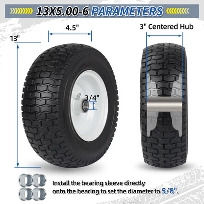13x5.00-6 Flat Free Lawn Mower Tire and Wheel, 13x5-6 Riding Lawnmower Tire with 3"- 6" Centered Hub and 3/4" & 5/8" Bearings, Tractor Turf Tire Turf-Friendly, 2 Pack