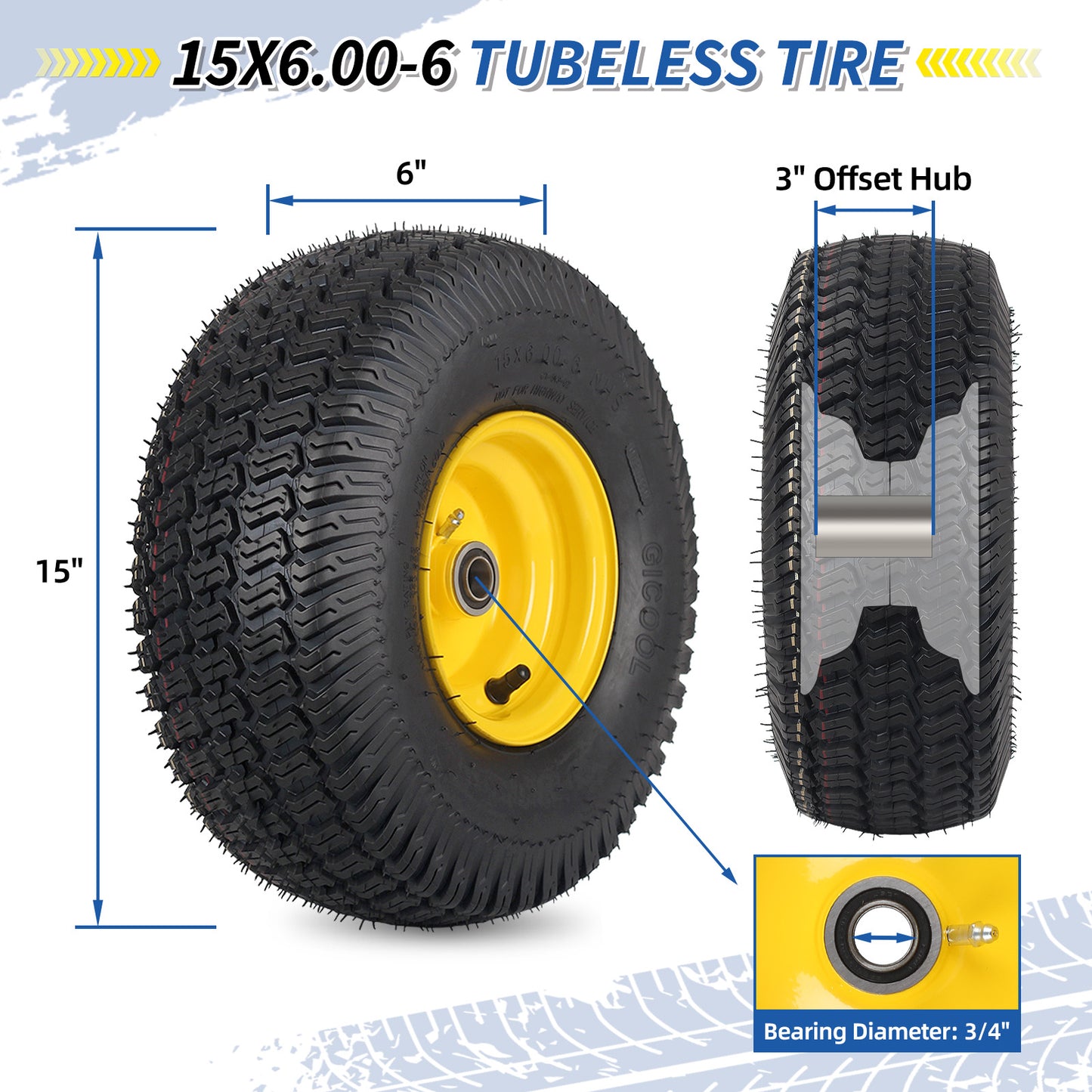 15x6.00-6 Tubeless Tire and Wheel, 3" Offset Hub, 3/4" Bearing, 4 Ply, 15x6-6 Replacement Riding Lawn Mower Front Tires, Compatible with 100 and 300 Series John Deere Riding Mowers(2 Pack)