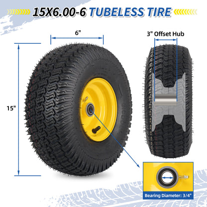 15x6.00-6 Tubeless Tire and Wheel, 3" Offset Hub, 3/4" Bearing, 4 Ply, 15x6-6 Replacement Riding Lawn Mower Front Tires, Compatible with 100 and 300 Series John Deere Riding Mowers(2 Pack)