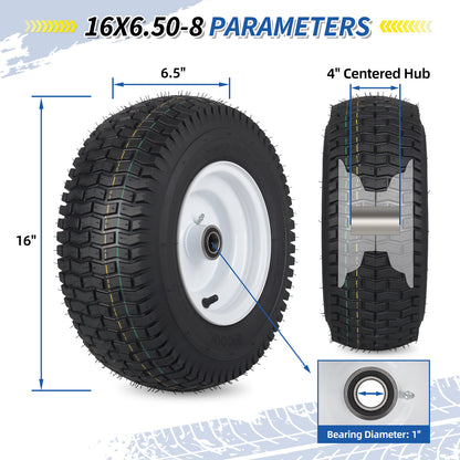 16x6.50-8 Lawn Mower Tubeless Tires, 1" Bearing, 4" Centered Hub