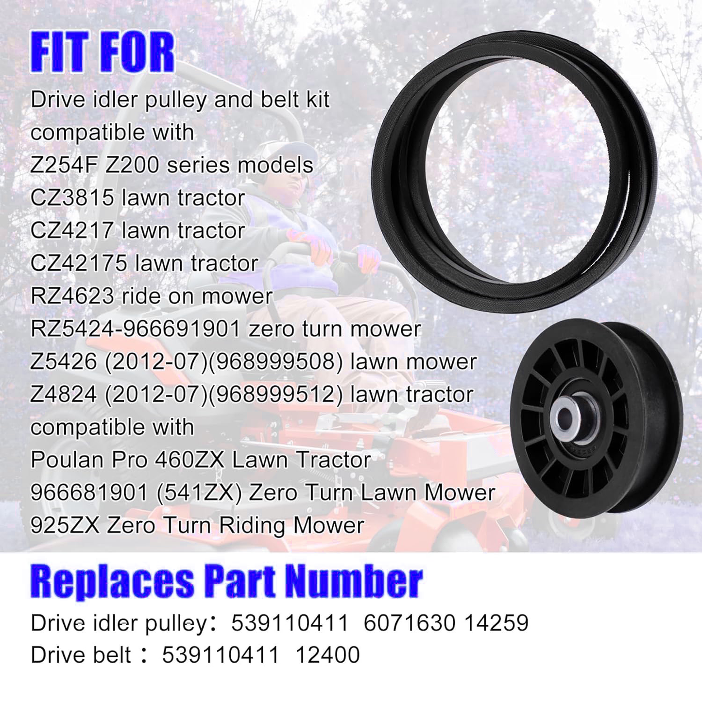 GICOOL Drive Idler Pulley & Belt Kit, Replace 539110311 539110411 607163 14259 12400 - Compatible with Z254F Lawn Mower