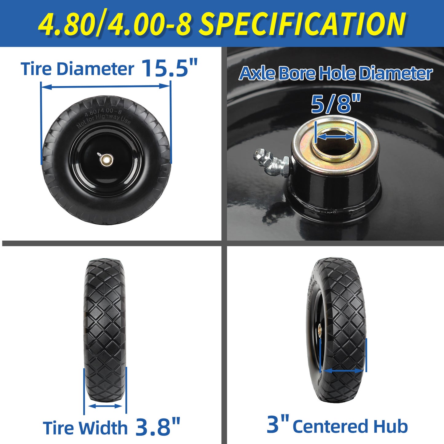 4.80/4.00-8" Wheelbarrow Tire, 16" Tire, 3-6" Centered Hub, 5/8" & 3/4" Bearing
