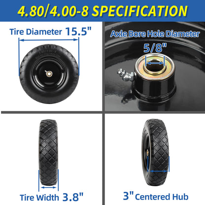 4.80/4.00-8" Wheelbarrow Tire, 16" Tire, 3-6" Centered Hub, 5/8" & 3/4" Bearing
