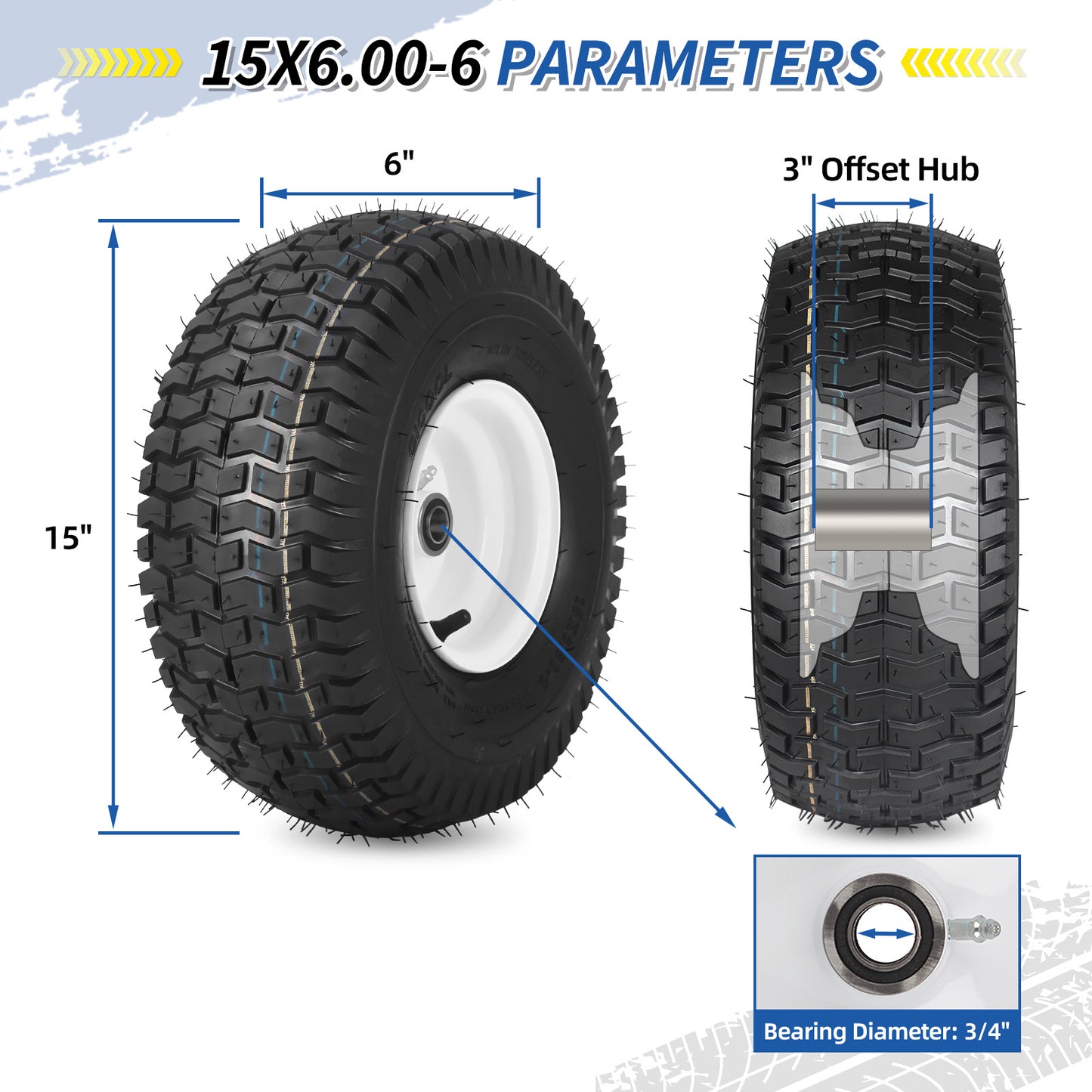 15x6.00-6 Tubeless Tire and Wheel, 3" Offset Hub, 3/4" Bearing, 4 Ply, 15x6-6 Lawn Mower Front Tires, Compatible with 100 and 300 Series John Deere Riding Mower, Lawn Tractor and More(2 Pack)